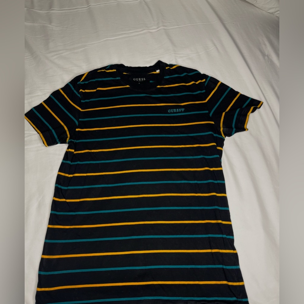 Guess Originals T-shirt Size L Slim Fit Striped Black Green Yellow Vintage